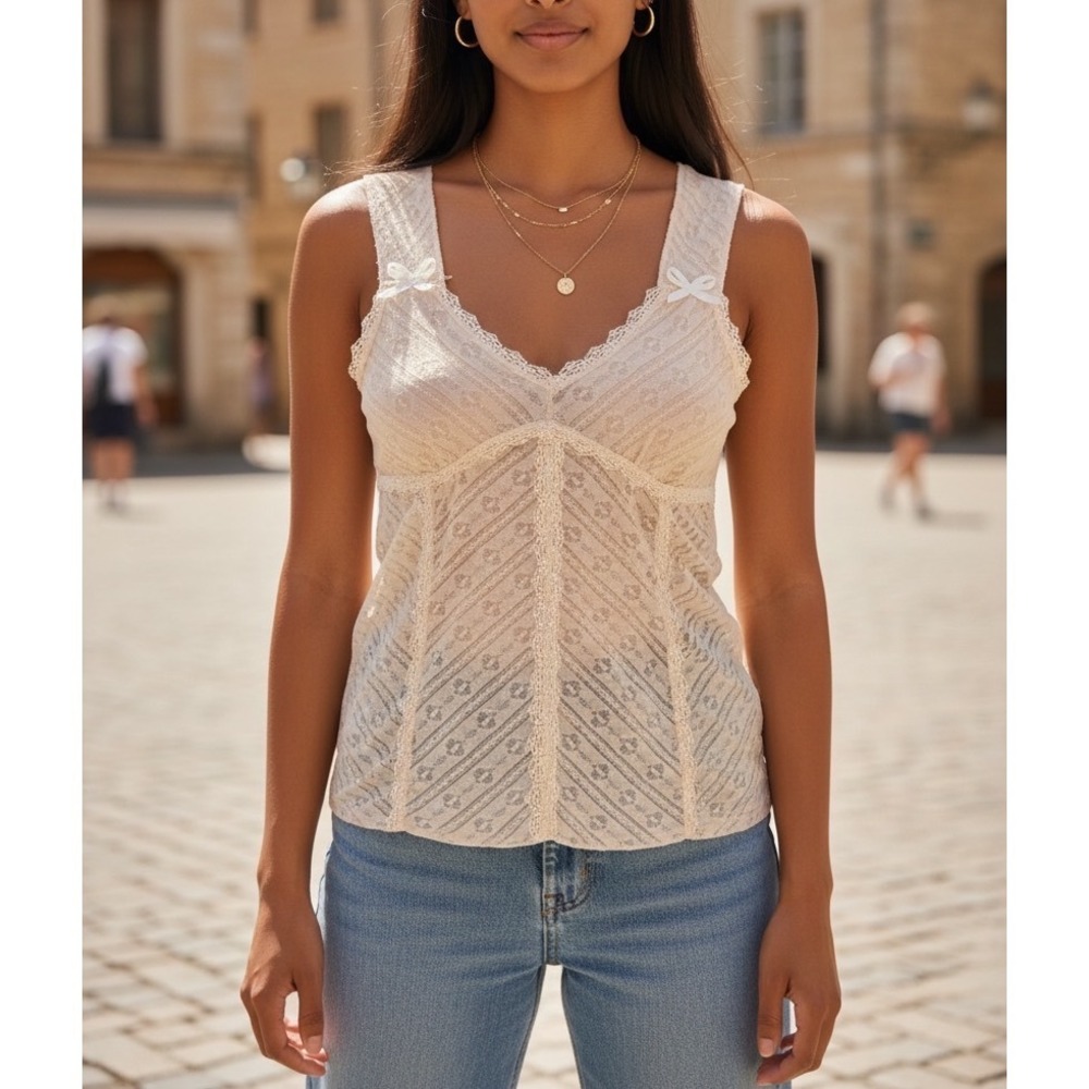 Womens Mesh Lined Lace Camisole Top Small Cream Bow Detail Coquette‎ Dollette